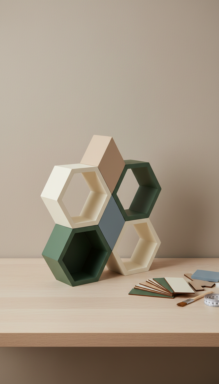 Painted geometric shelf kit with modular shapes